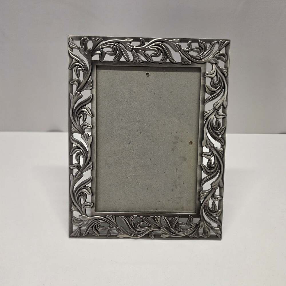 Vintage Chalice Photo Frame Satin Silver Pewter Tone Metal 5x7 Floral Ornate